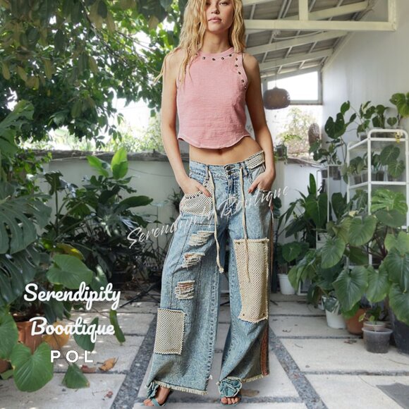 POL Rustic Denim Studded Detail Patchwork Baggy Wide Leg Cotton Blue Jeans - Picture 1 of 10